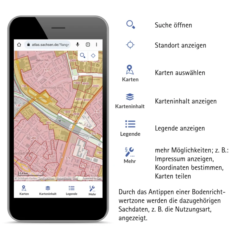Handy mit geöffnetem Geoportal Sachsenatlas