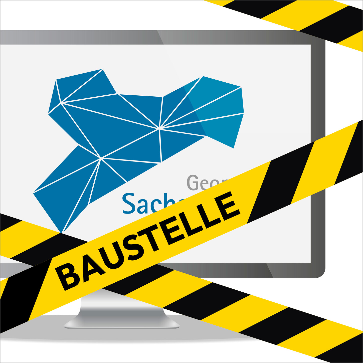 Monitor mit Geoportal Sachsenatlas wird durch Baustellenabsperrband verdeckt